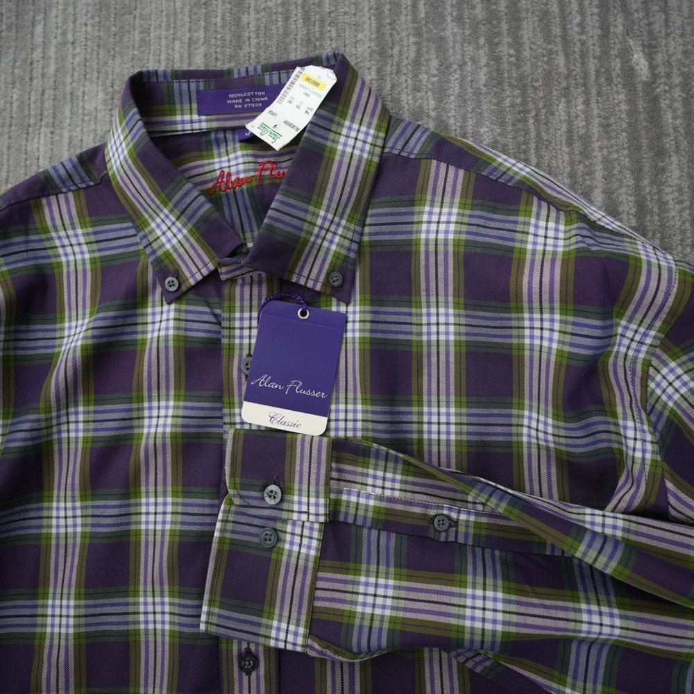 Alan Flusser Shirt Men Button Down Plaid Long Sleeve Purple Green New Tag Large